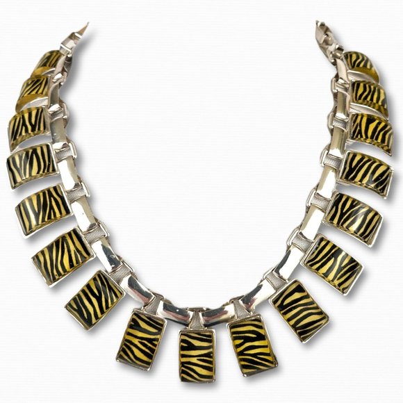 80’s Style Statement Black Stripe Silver tone and Zebra Necklace - Picture 1 of 13